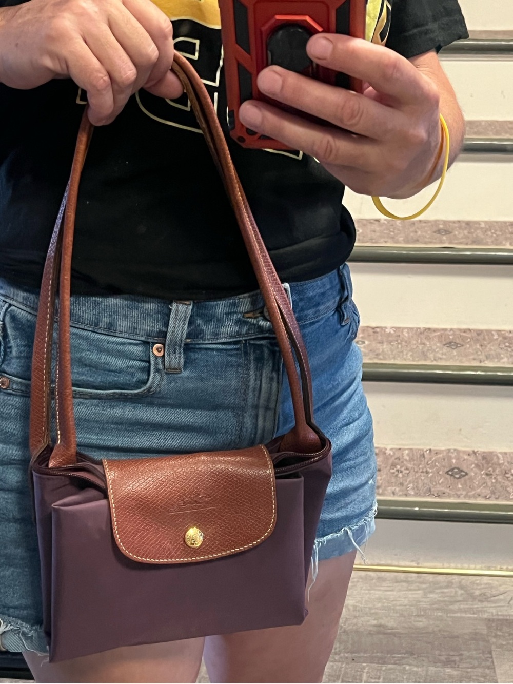 Longchamp Purple Tote with Brown Trim and Gold Hardware
